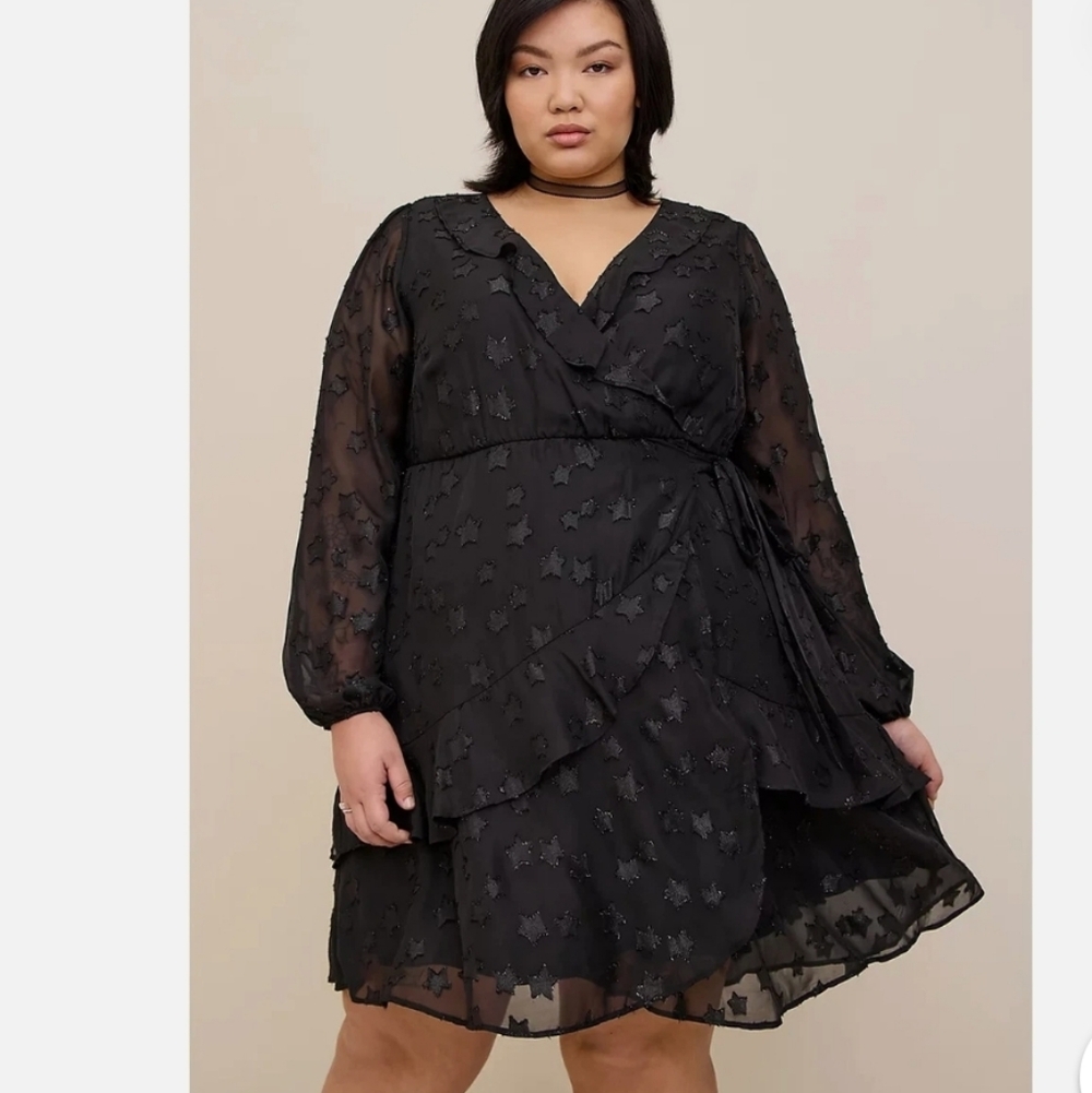 Torrid Clip Star Surplice Ruffle Mini Dress Black Goth Cocktail Chic Plus Size 3 - Picture 2 of 12
